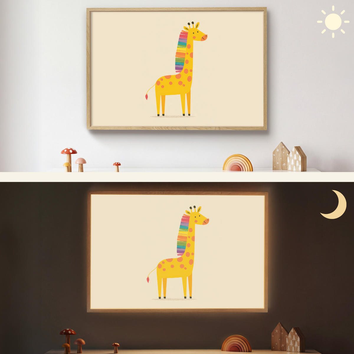 NÁSTĚNNÁ LAMPA S AKUMULÁTOREM Žirafa - Duhová hříva - béžová 100x70 cm - béžová, kompozitní dřevo (100/70/8cm) - OnlyWow