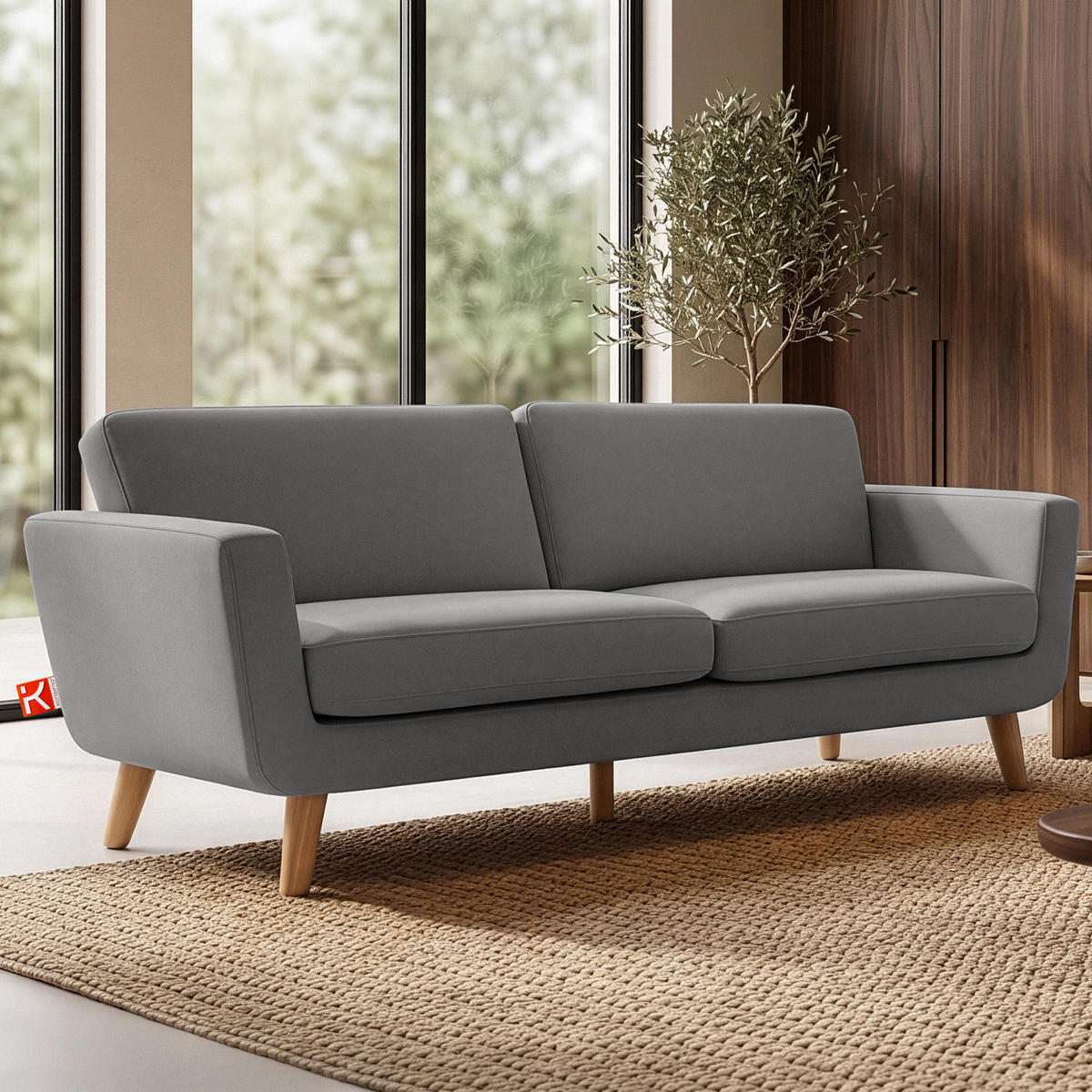 3-SITZER-SOFA TAGIO mit Armlehnen, Grau - Braun/Grau, Buchenholz/Textil (88/80/190cm) - KONSIMO®