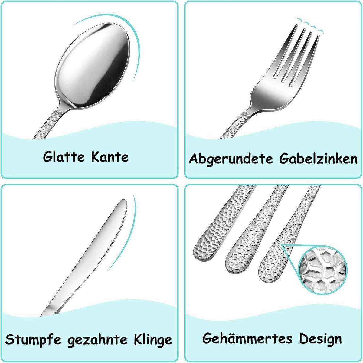 KINDERBESTECK Set 12-teilig Edelstahl Hammergriff Spülmaschinenfest - Silberfarben, Metall
