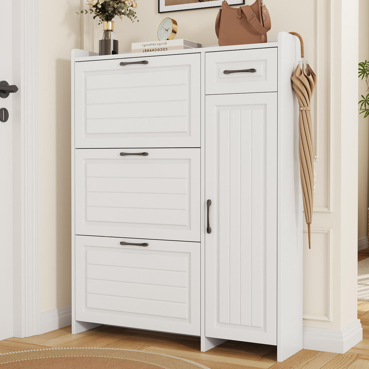 SCHUHSCHRANK 92x24x121cm Weiß mit 3 Klappen und Schublade - Weiß, Holzwerkstoff (92/121/24cm) - FLIEKS