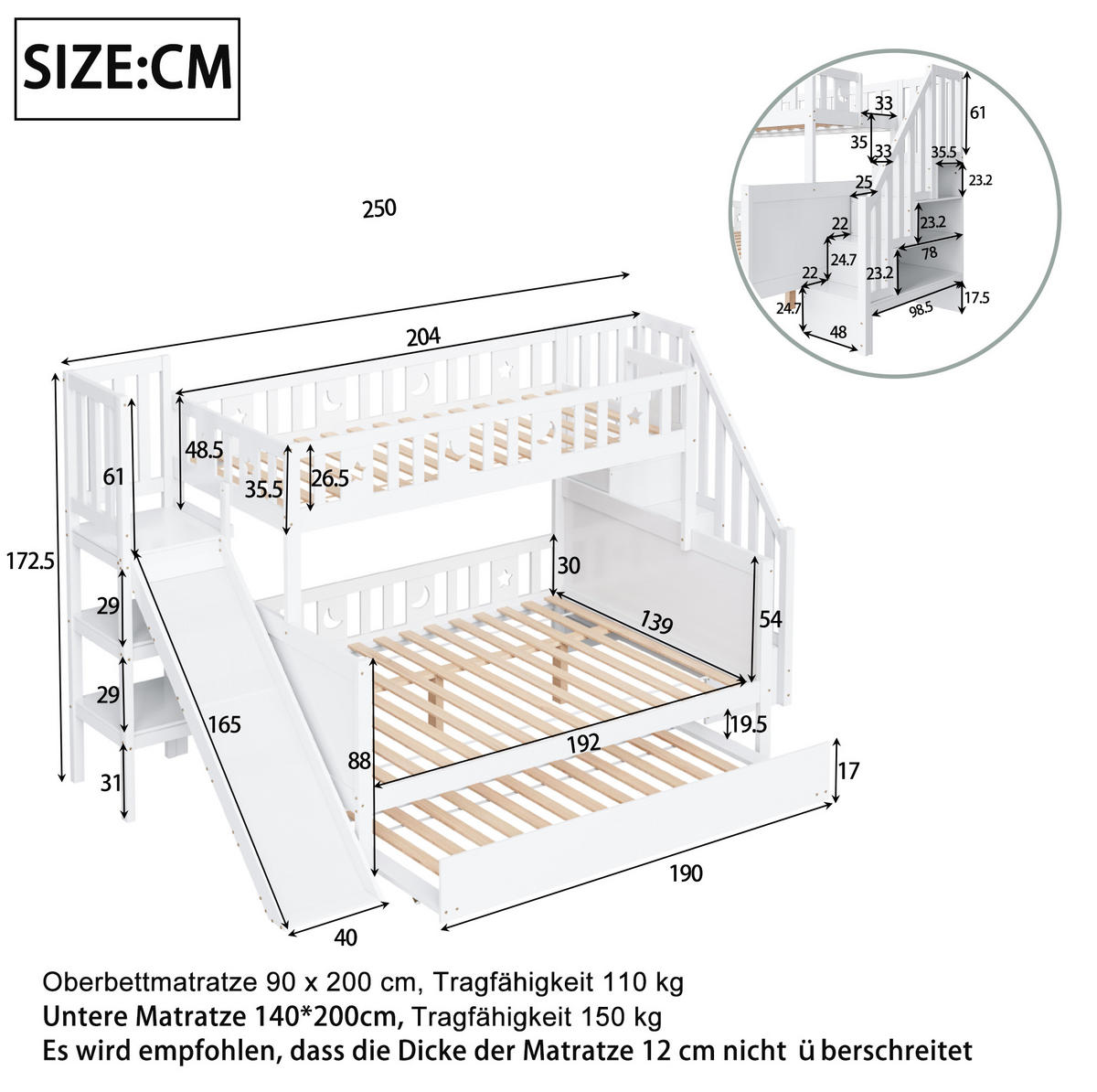 ETAGENBETT 90/200 & 140/200 cm aus Massivholz mit Rutsche, Stauraum und Ausziehbett Weiß - Weiß, Holz (90/200cm) - Modenvie
