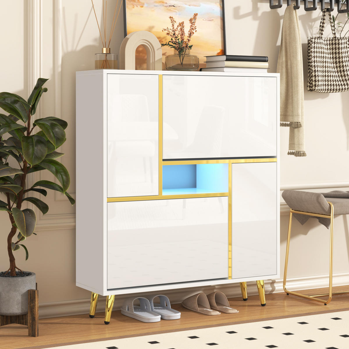 SCHUHSCHRANK 80x25x96 Weiß Hochglanz LED 16 Farben - Weiß, Holzwerkstoff (25/96/80cm) - FLIEKS