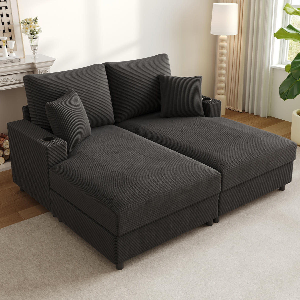 2-SITZER Schlafsofa Cord mit USB-Anschluss und Getränkehaltern Grau 163/140/82 cm - Grau, Textil (140/82/163cm) - Redom