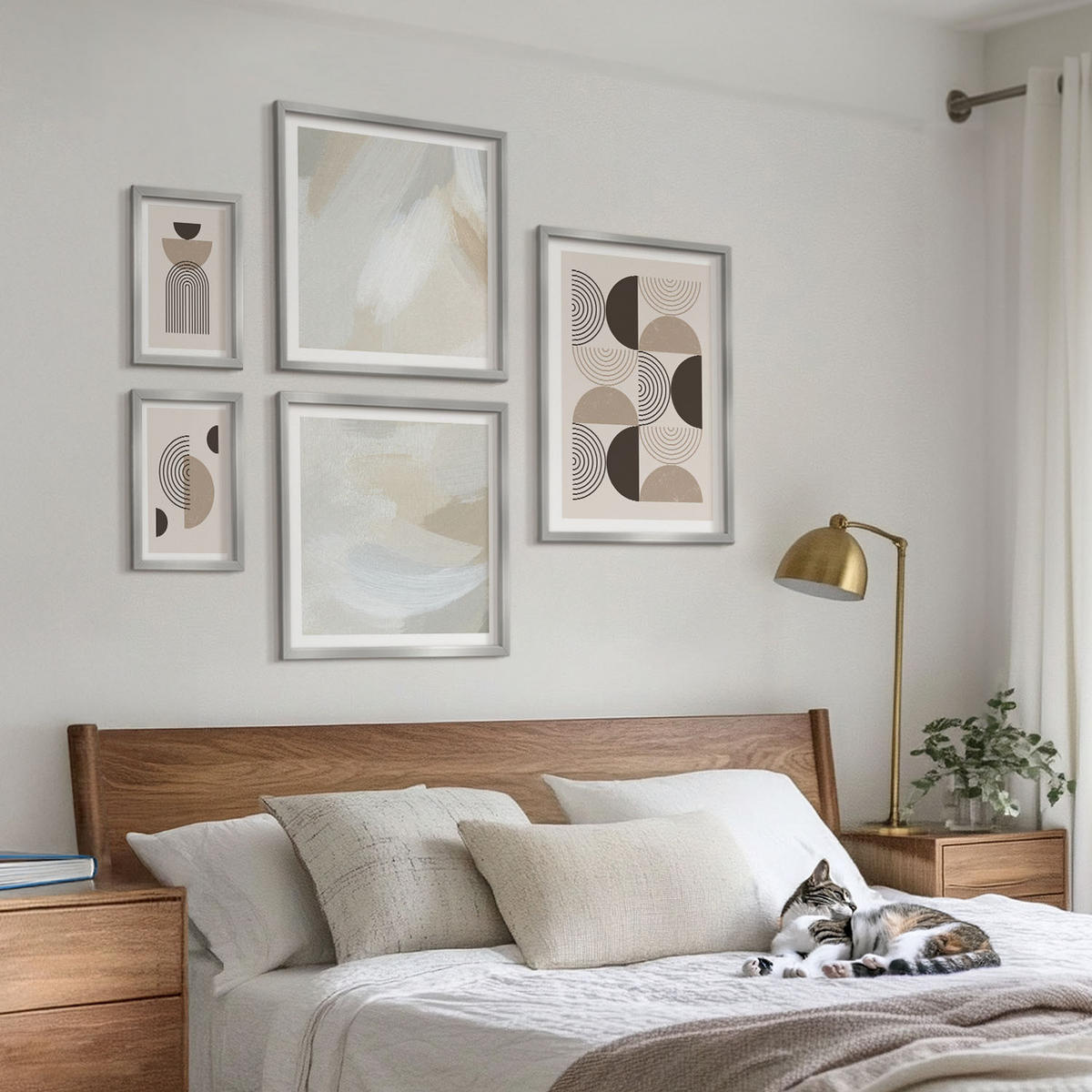 BILDER SET 5er Set - 50x50 cm & 20x30 cm & 40x60 cm Silberner Rahmen - Abstrakte geometrische Muster - Silberfarben, Kunststoff (40/60cm) - TULUP
