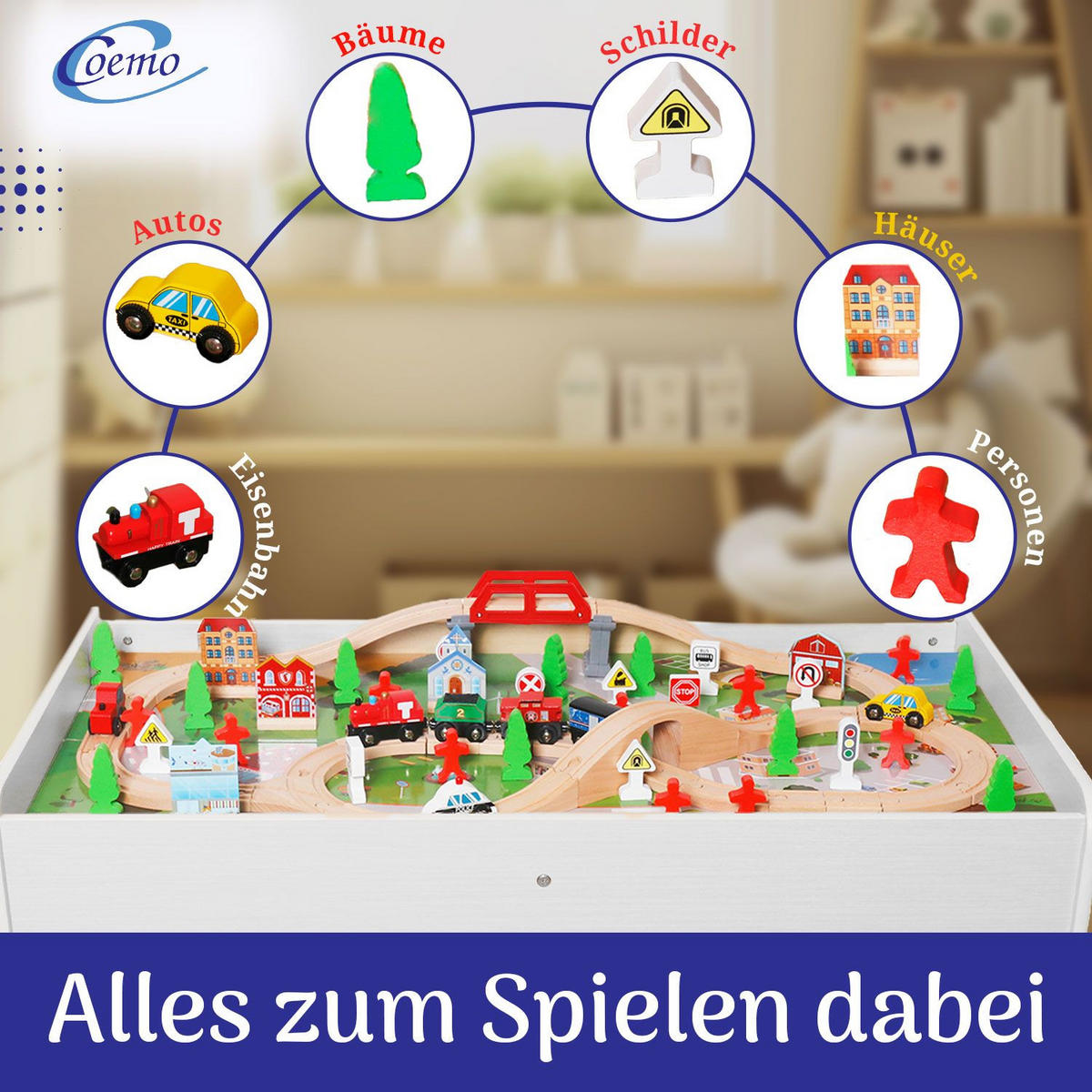 SPIELTISCH MIT HOLZEISENBAHN 90-tlg. Set Tisch Farbe Weiß - Weiß, Holzwerkstoff (57/98cm) - Coemo