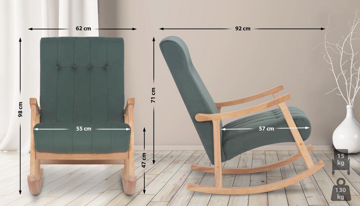 SCHAUKELSTUHL Samt Natura/Grün - Eukalyptusholzfarben/Grün, Holz/Textil (62/98/92cm) - CLP