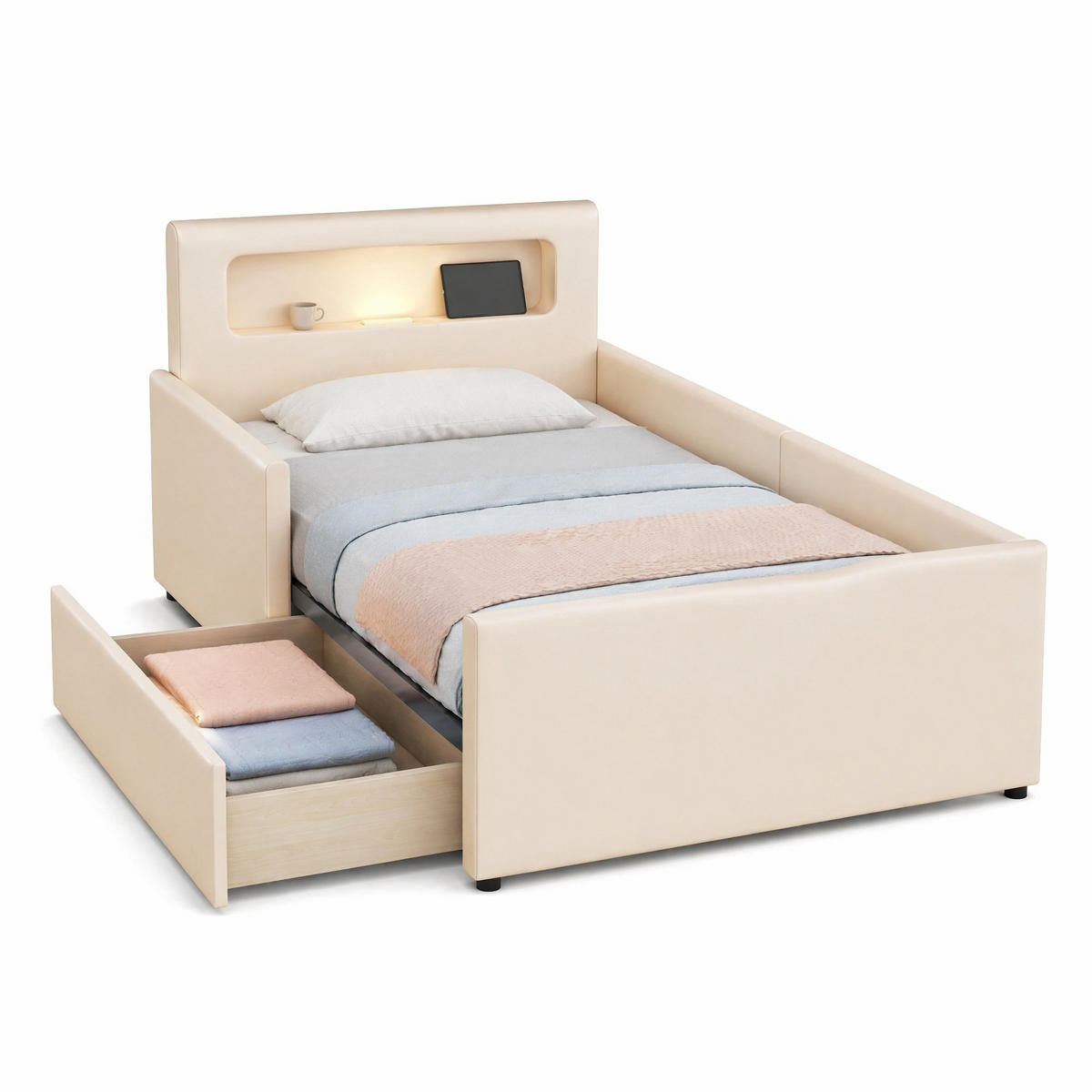KINDERBETT 90/200 cm in Beige mit LED, USB und Schubladen - Beige, Holzwerkstoff/Textil (90/200cm) - CHICFURN