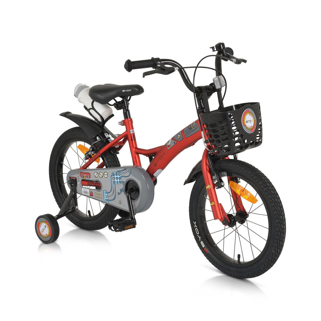 KINDERFAHRRAD Robo 16 Zoll rot Stützräder, Flasche, Klingel, Korb, Metallrahmen - Rot, Metall (76cm)