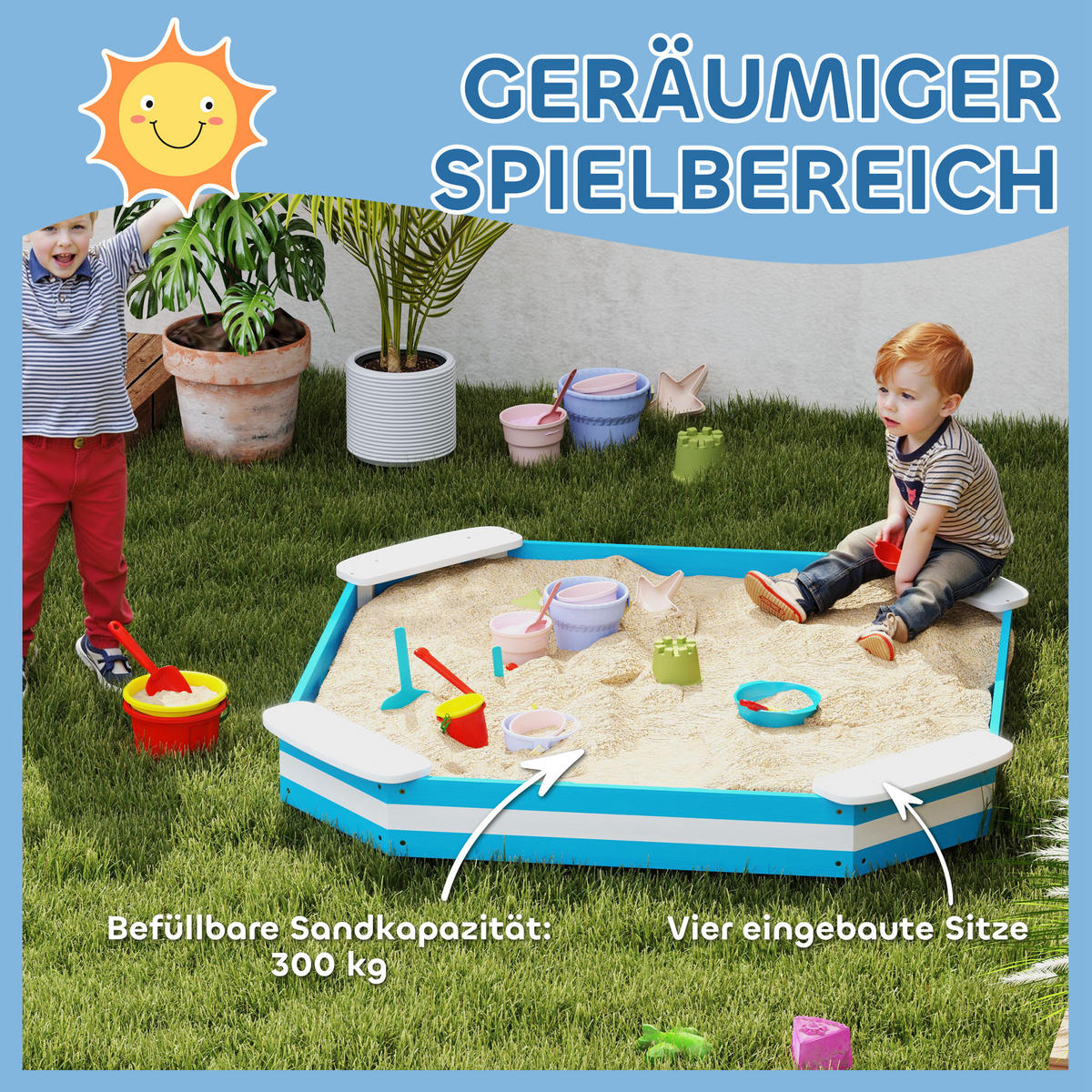 SANDKASTEN 133 x 108 cm Sandkiste aus Holz Sandbox mit Sitzbank Blau - Blau, Holz (133/133/16cm) - AIYAPLAY