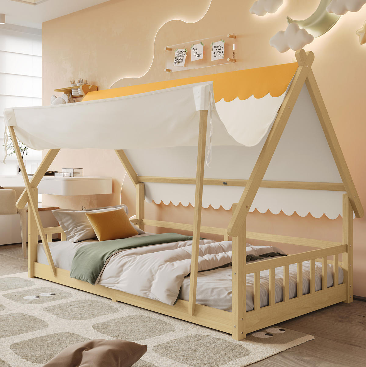 KINDERBETT 90/200 cm Exquisites Holzhausdesign mit abnehmbarem Zelt aus Fichte - Weiß, Holz (90/200cm) - OKWISH