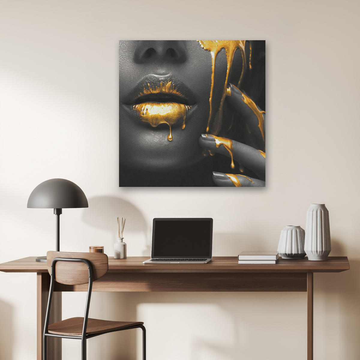 AKUSTIKBILD Frau - Schwarz - Gold - Gesicht - Lippen Akustikpaneele 80x80 cm - Goldfarben, Kunststoff (80/80/0.9cm) - MuchoWow