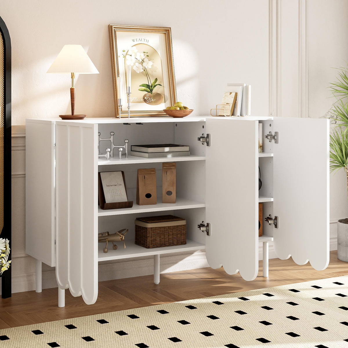 SIDEBOARD 120x35x80 cm, gewellte Türen, Weiß - Weiß, Holz (120/80/35cm)