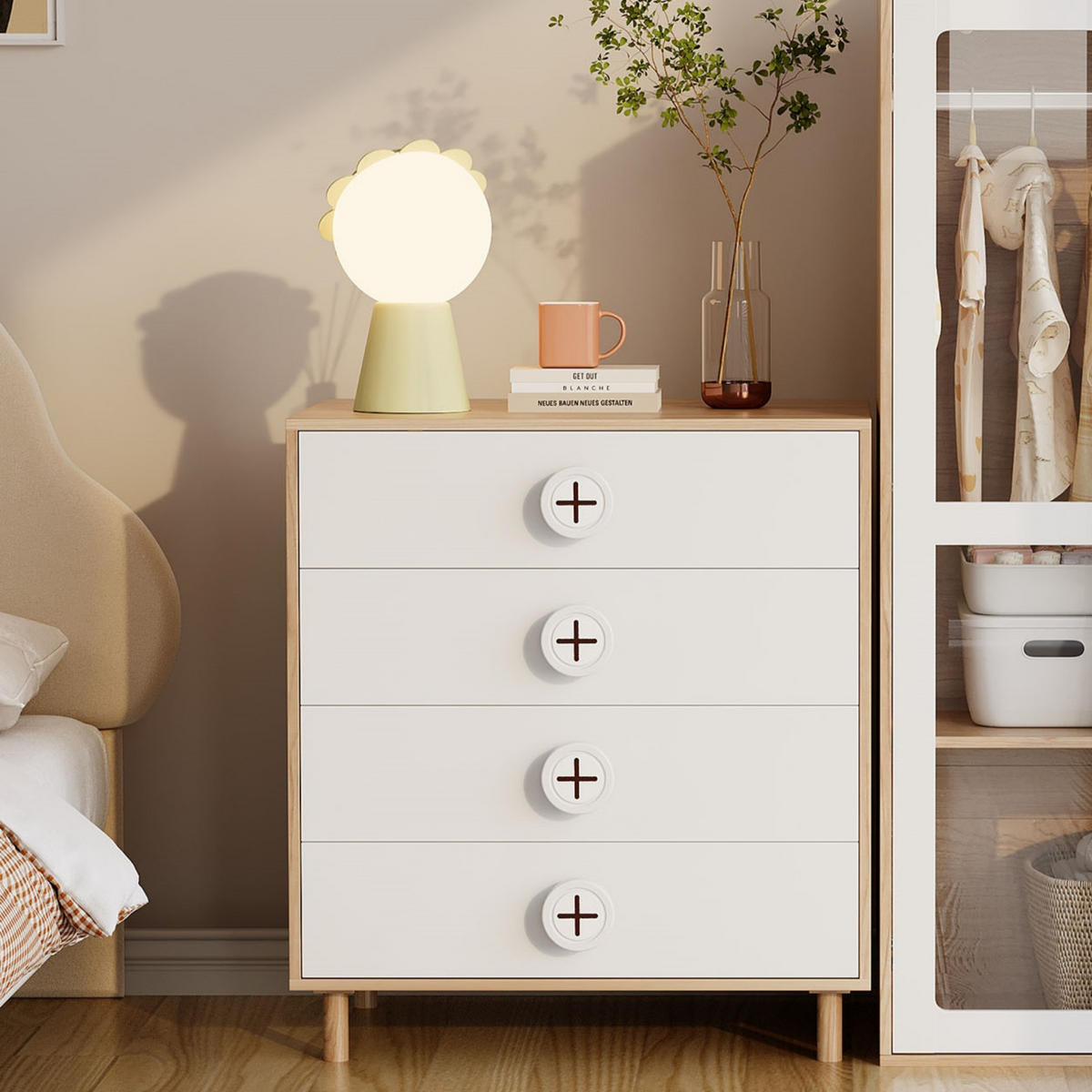 KINDER-NACHTTISCH in Weiß Schlafzimmerkommode mit Schubladen und Stützen für Schlafzimmer, B80/T54/H90cm - Naturfarben/Weiß, Holzwerkstoff (80/90/54cm) - STILVORA