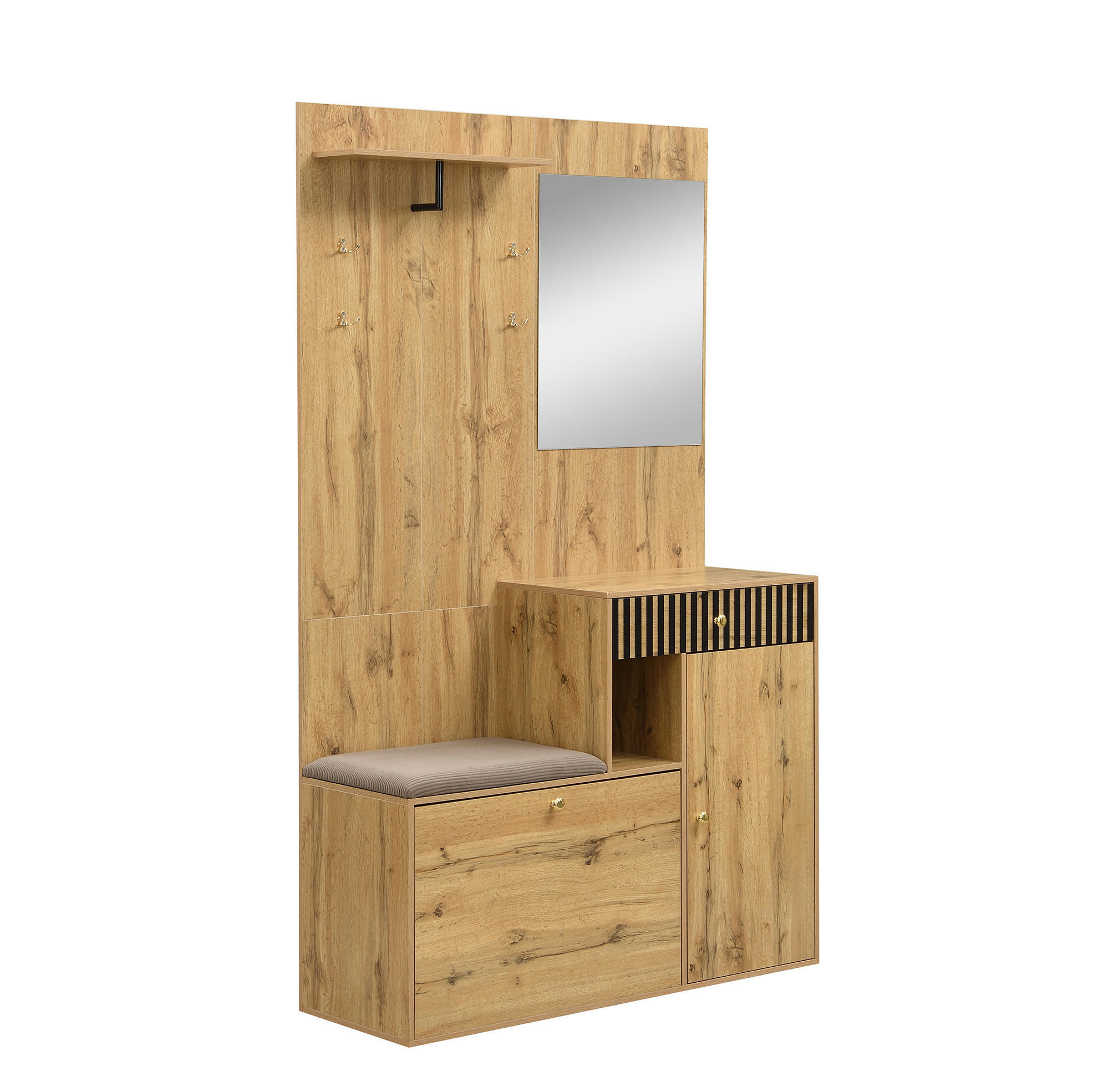 Modfu PŘEDSÍŇOVÁ stěna z MDF 110x37x185 cm černá a přírodní se zrcadlem, čalouněným sedákem a nastavitelnými policemi