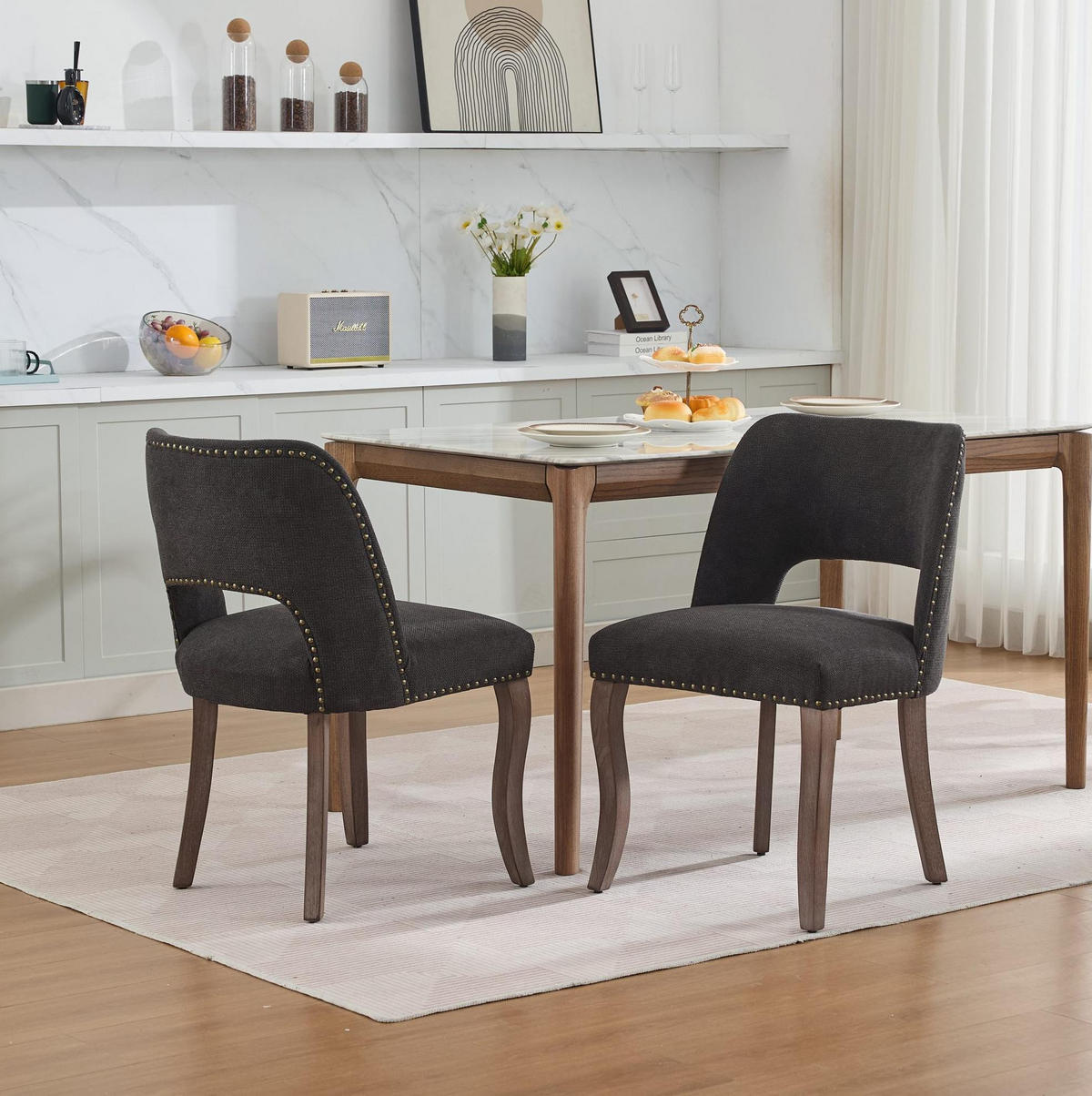 ESSZIMMERSTUHL 2er-Set Chenille Schwarz Massivholzbeine - Schwarz, Holz (51/82.5/58cm) - Meubliv