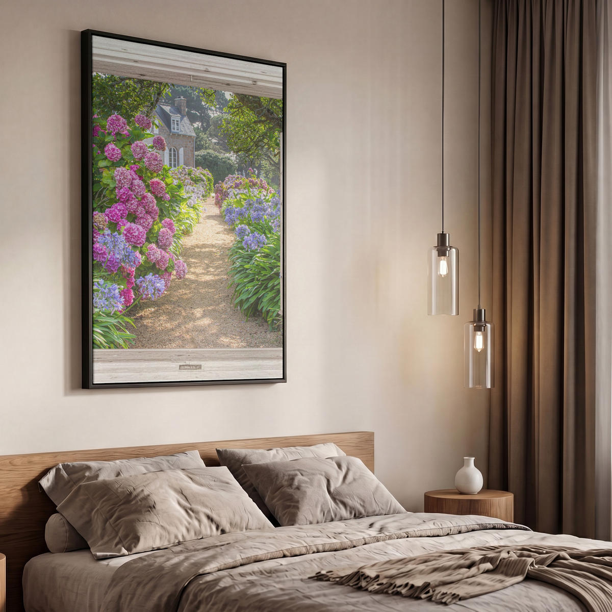 LEINWAND Bilder mit Rahmen - Hortensie - Durchsichtig - Blumen - Sommer - Lila - Weg - 60x90 - Lila, Textil (60/90cm) - MuchoWow