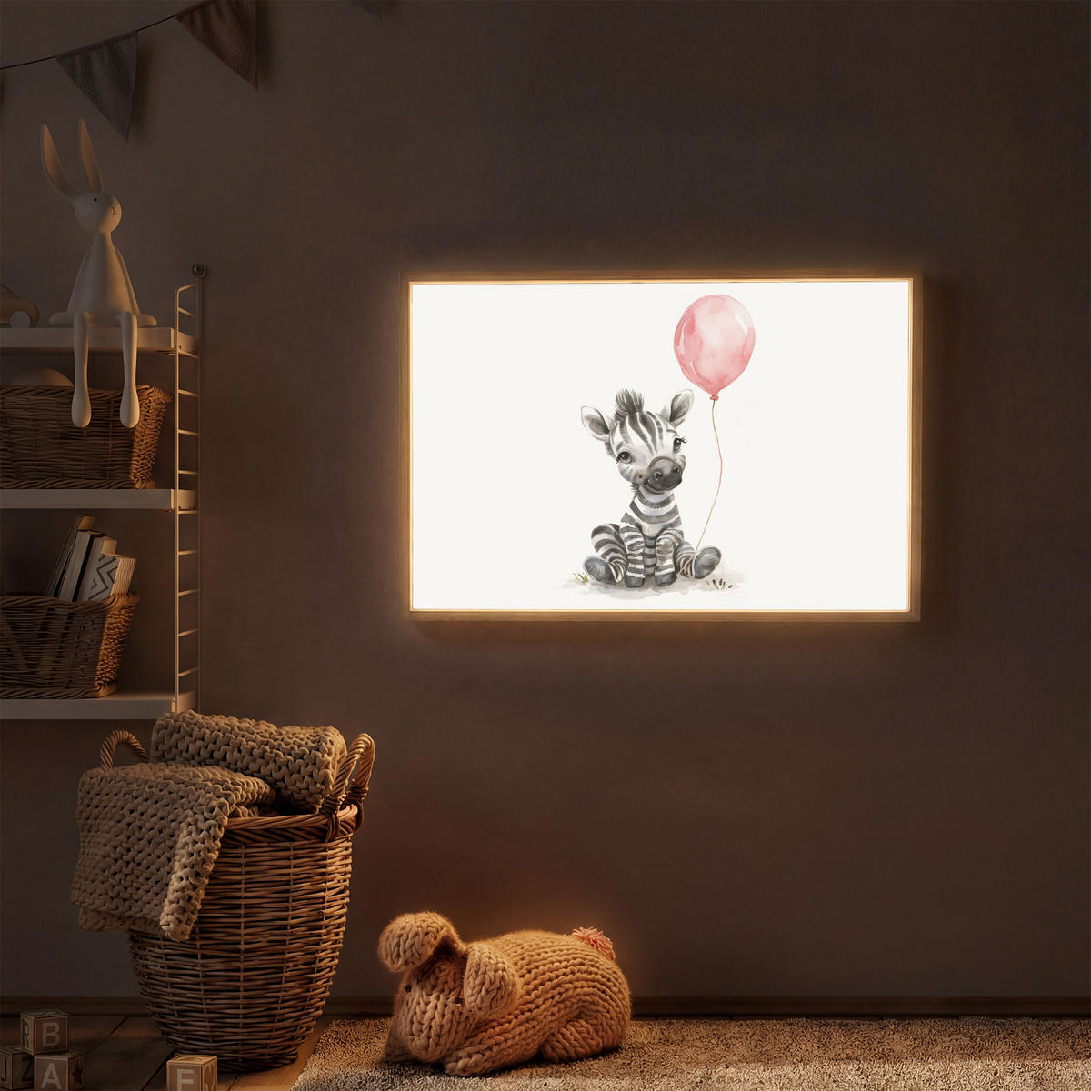 NACHTTISCHLAMPE MIT AKKU Zebra - Baby - Tiere - Rosa Luftballon 90x60 cm - Weiß, Holzwerkstoff (8/90/60cm) - OnlyWow