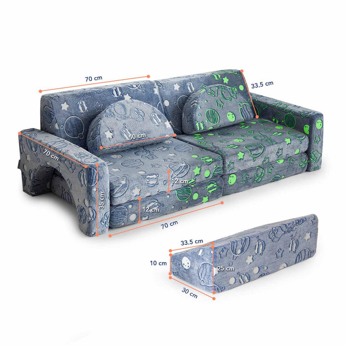 LEUCHTSPIELSOFA FÜR KINDER- 10-tlg. Set für Schlaf- und Spielbereich - Grau, Textil (168/55/73cm) - KomfortKissen