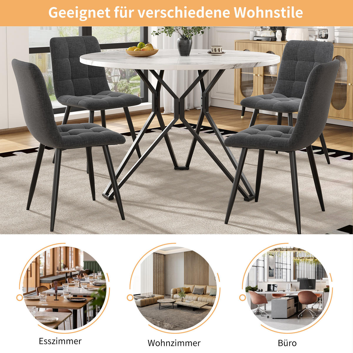 ESSTISCH 100/100/76 cm Schwarz runder Tisch mit MDF-Tischplatte in Marmoroptik und Metallgestell - Schwarz, Holzwerkstoff (100/100/76cm) - OKWISH