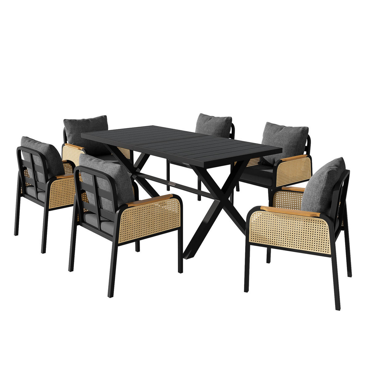 GARTENMÖBELSET 7-tlg. mit Tisch und 6 Stühlen Schwarz/Natur - Schwarz, Metall - Beauniv