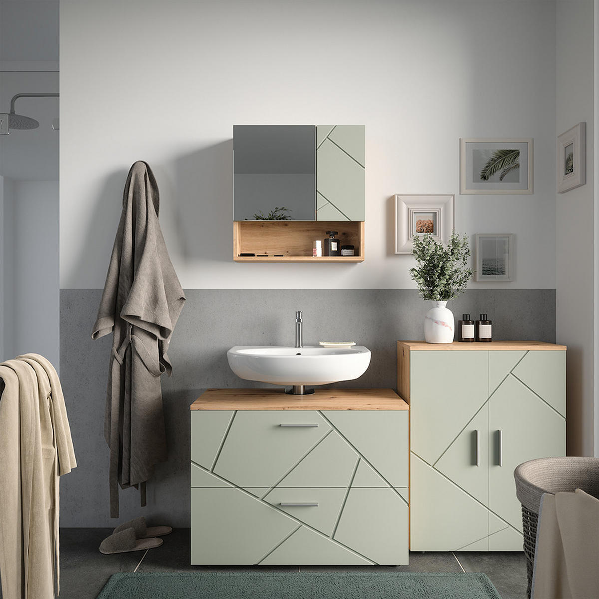 BADMÖBEL-SET Irma Salbeigrün 3 Teile - Salbeigrün, Holzwerkstoff (80/58.6/41cm) - Vicco