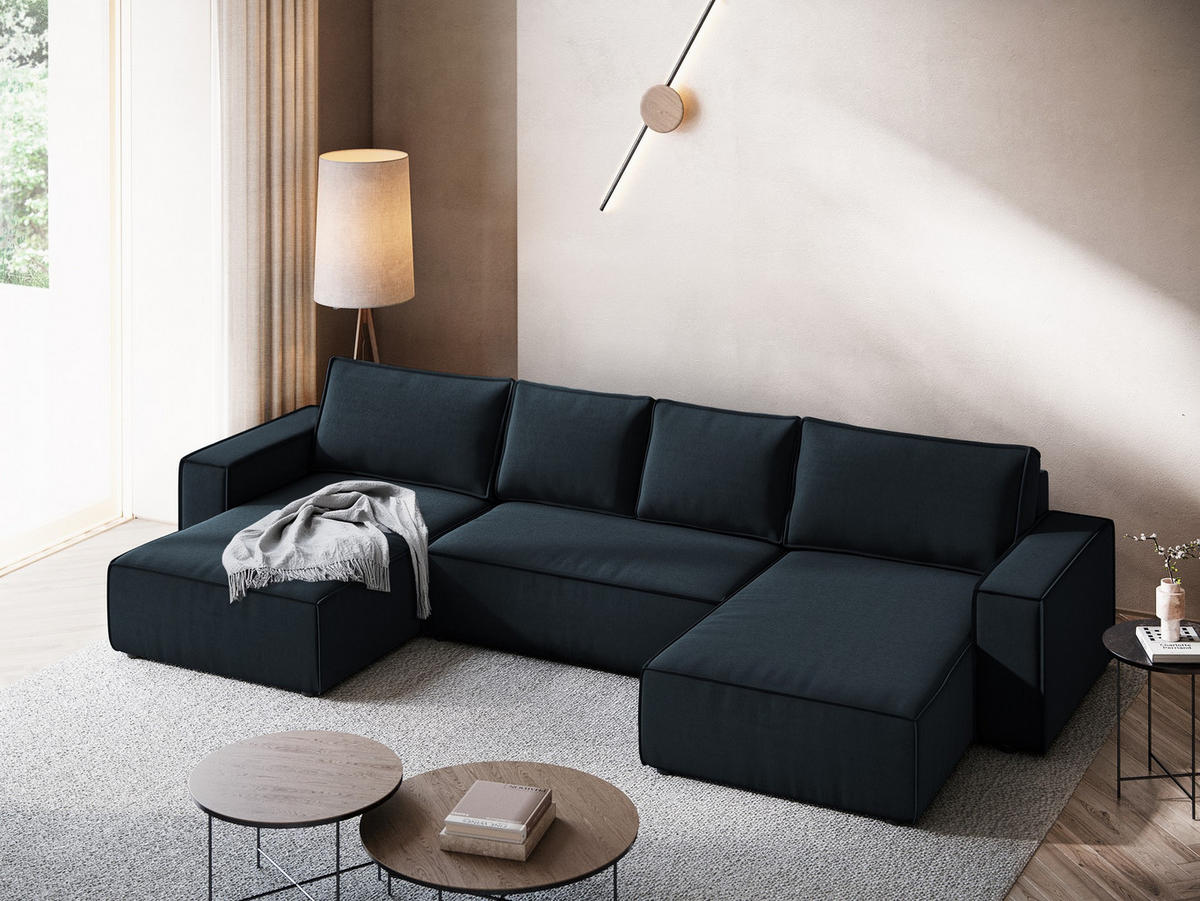 WOHNLANDSCHAFT Samt Stoff Blau - Blau/Schwarz, Kunststoff/Textil (398/82/185cm) - Makamii