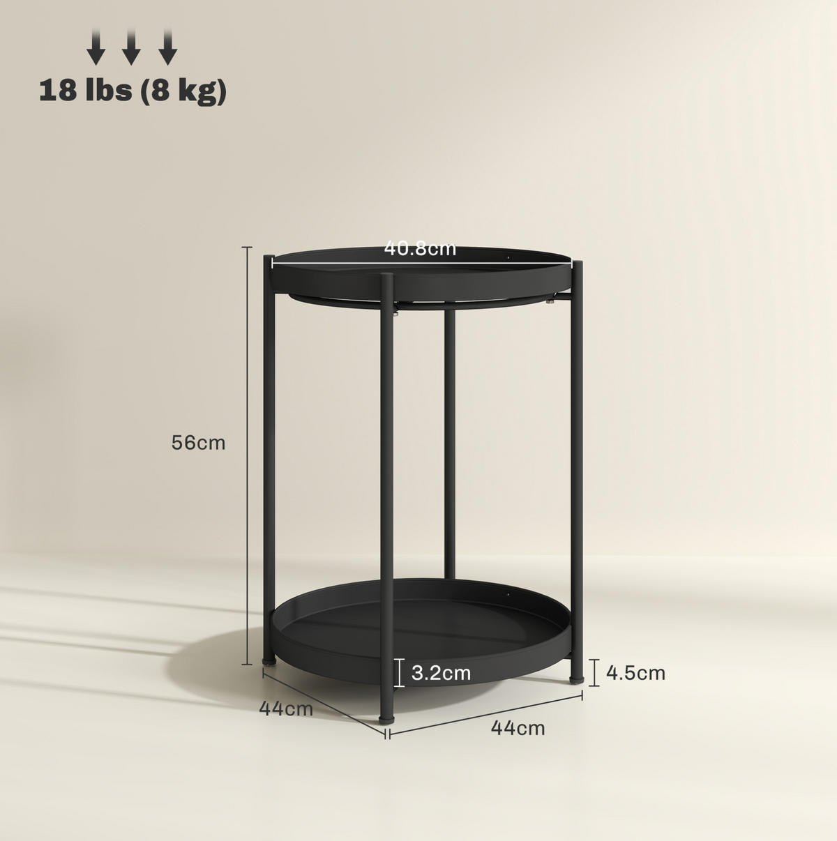 BEISTELLTISCH 44/44/56 cm in Schwarz aus Stahl mit 2 Ablagen - Schwarz, Metall (44/44/56cm) - Flora Grace