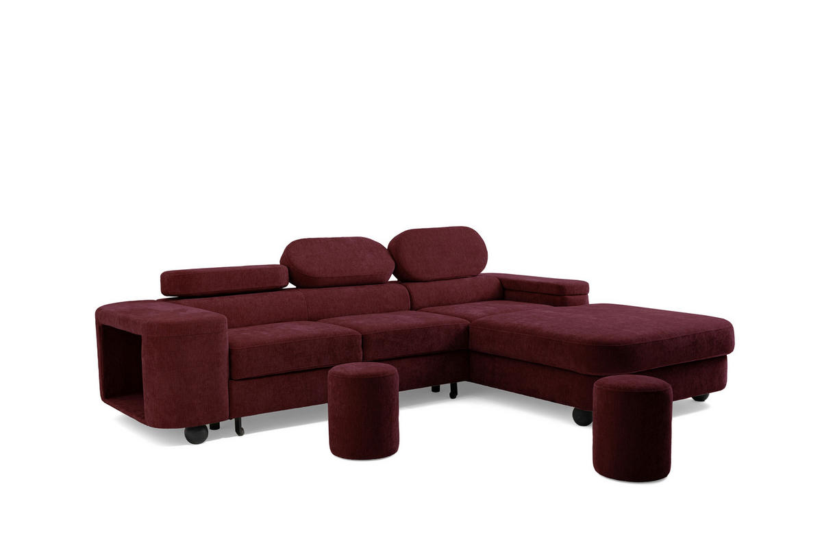 ECKSOFA LOVE L Rechts mit Schlaffunktion 124x210 Chenille Bordeaux - Bordeaux/Schwarz, Holz/Textil (205/284cm) - Muffo