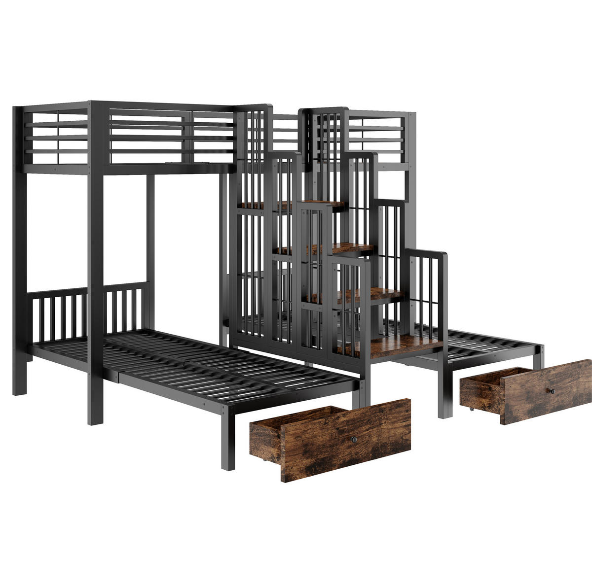 ETAGENBETT aus Metall und Holz 90x200 cm Schwarz mit Treppe, Sicherheitsgeländern und 2 Schubladen - Schwarz, Metall (90/200cm) - Modfu