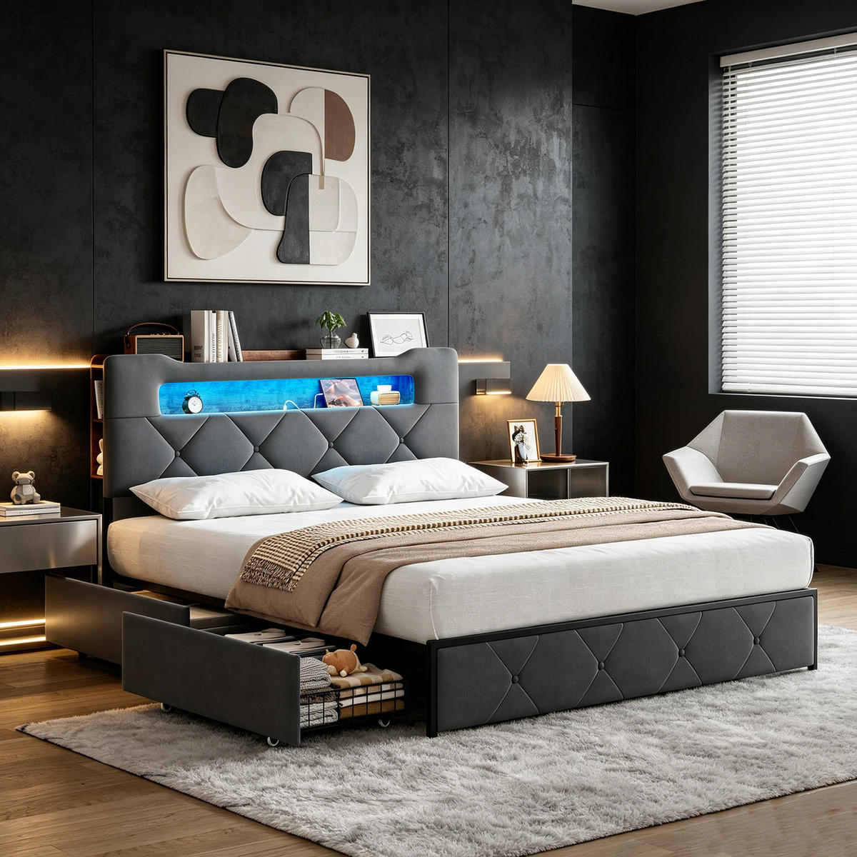 POLSTERBETT 140x200, jugendbett mit 4 Schubladen, LED, USB, Kopfteil, Lattenrost, samt, grau - Grau, Holzwerkstoff/Textil (140/200cm) - GENKI LIVING