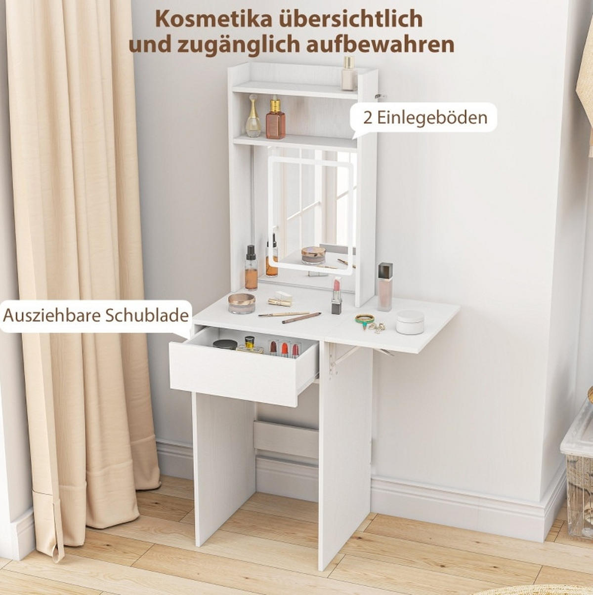 SCHMINKTISCH 45/45/152 cm in Weiß mit LED-Beleuchtung und klappbarer Ablage - Weiß, Holz (45/152/45cm) - Flora Grace
