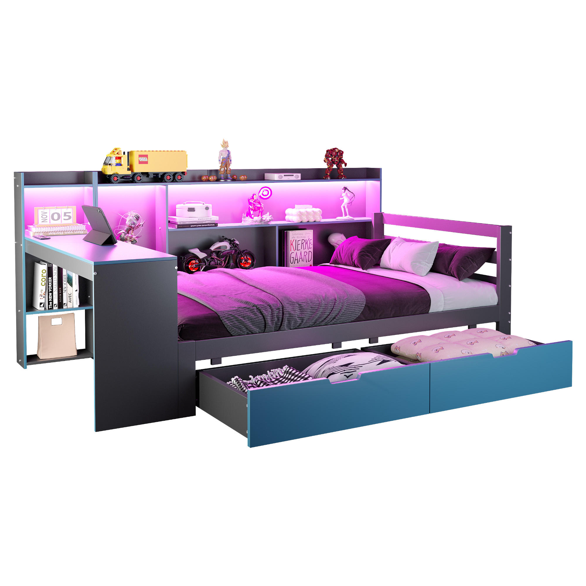 SCHLAFSOFA 90/200 cm in Schwarz & Blau mit Schreibtisch, 2 Schubladen und LED - Blau/Schwarz, Holz/Holzwerkstoff (90/200cm) - WISHDOR
