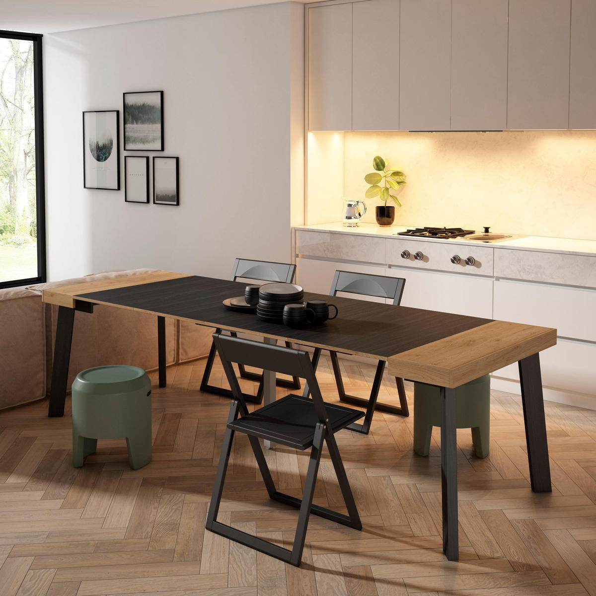 KONSOLENTISCH ausziehbar 58 bis 262cm, für 12 Gäste, eiche, schwarz, 90/58/73cm - Eichefarben/Schwarz, Holzwerkstoff (90/262/73cm) - Skraut Home