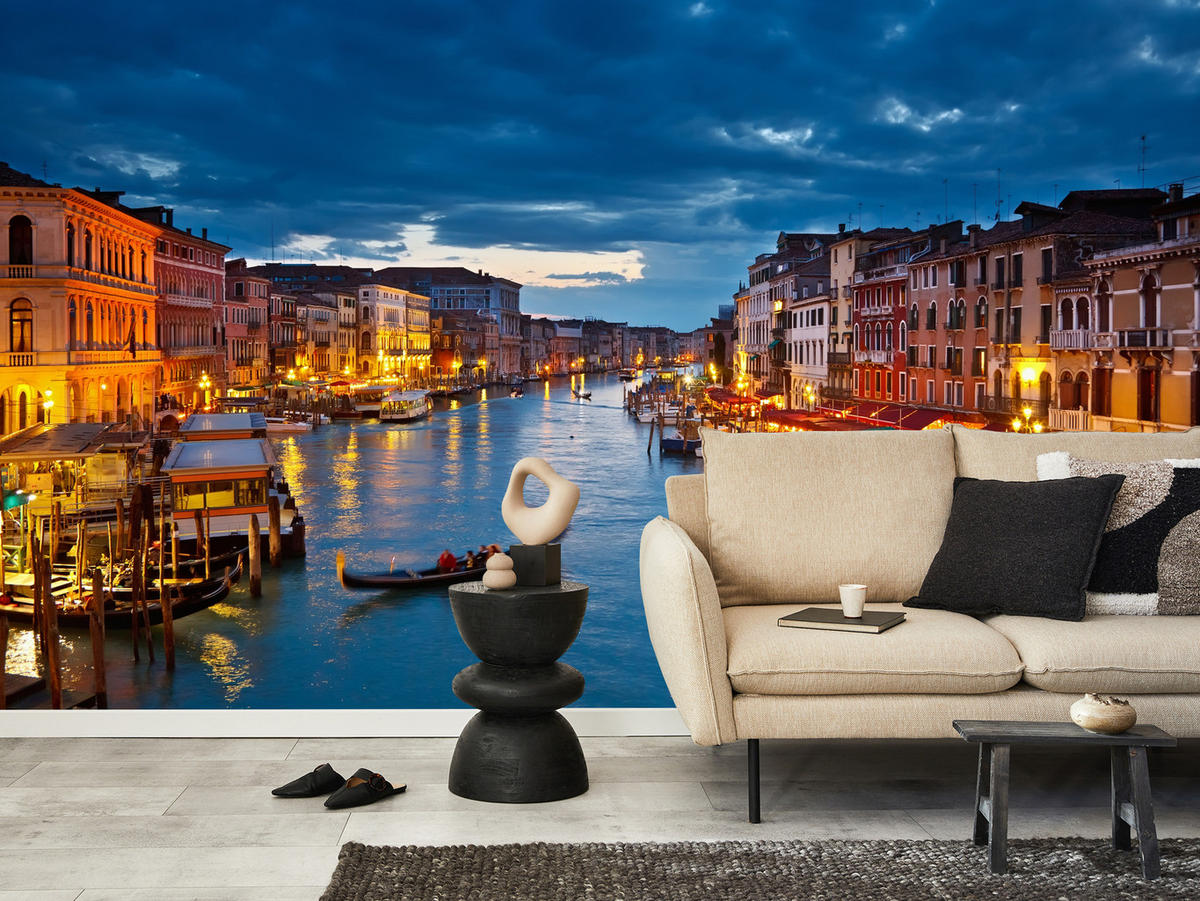FOTOTAPETE für Büro Venezianischer Kanal Gondeln Abendstimmung Romantik 350x256 - Orange/Braun, Papier (350/256cm) - Muralo