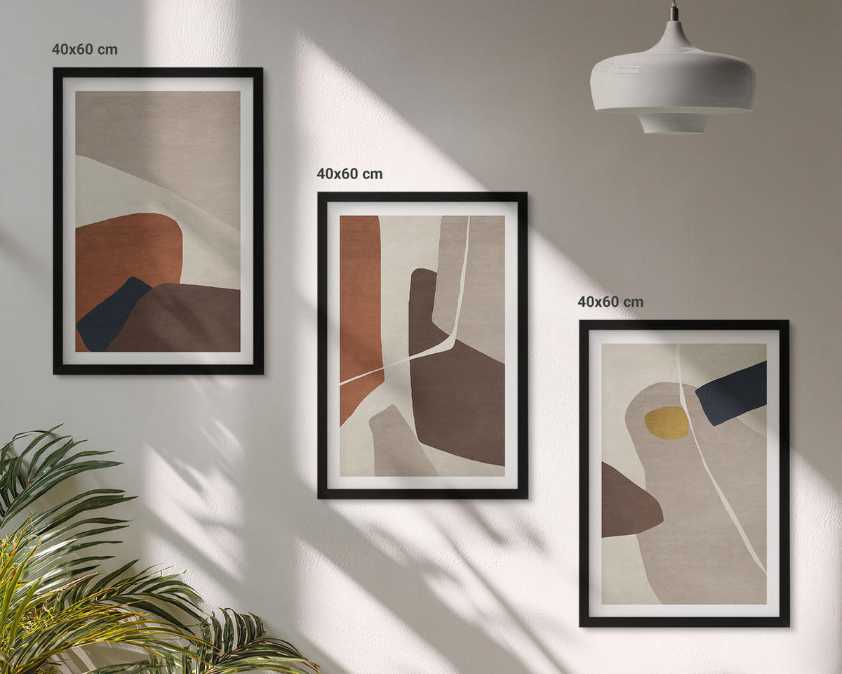 BILDER SET 3er Set - 40x60 cm Schwarzer Rahmen - Abstrakte Boho-Malerei - Schwarz, Kunststoff (40/60cm) - TULUP
