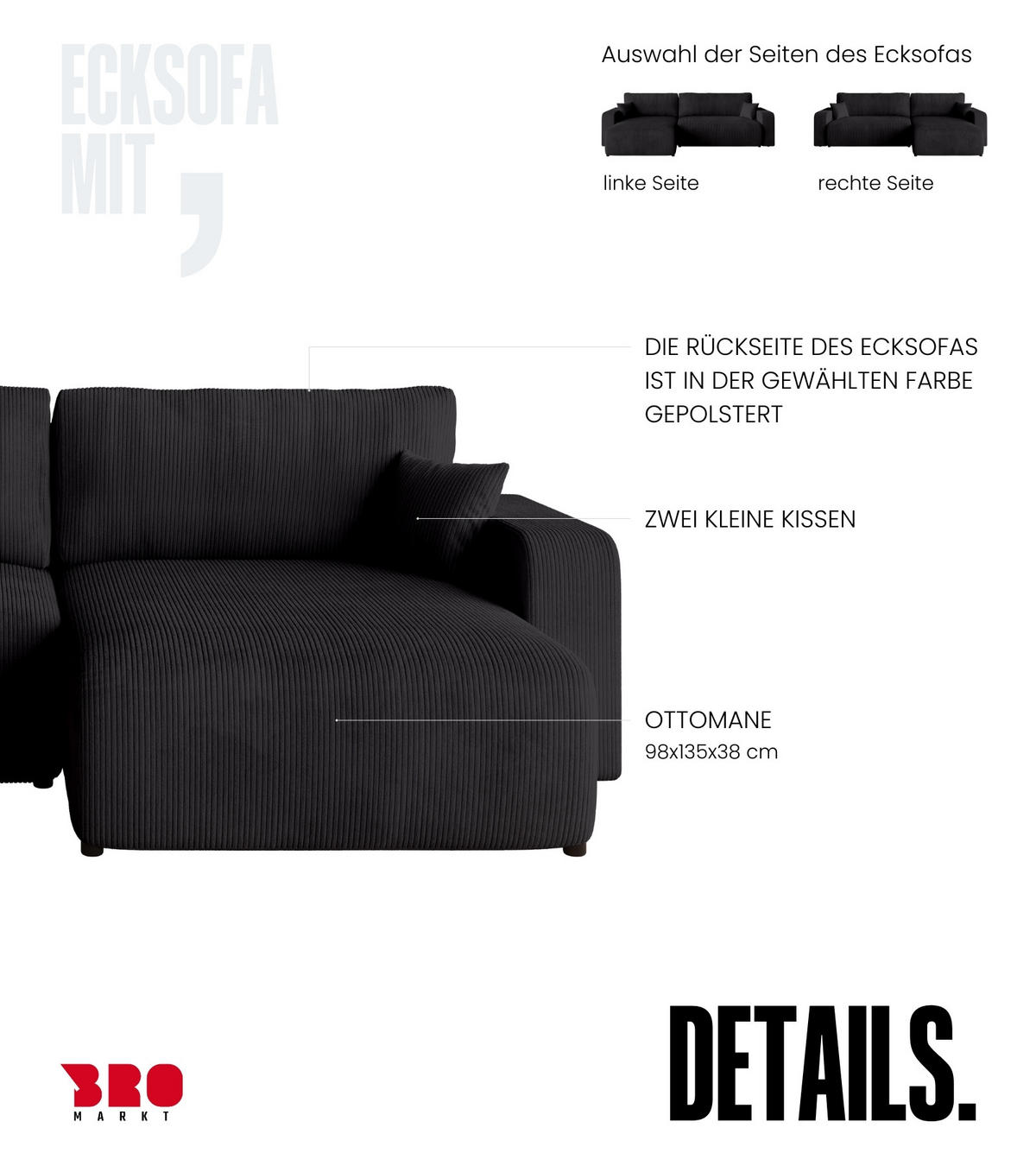 ECKSOFA PUMI XL mit Schlaffunktion Schwarz Cord - Schwarz, Textil (274/148cm) - Bromarkt