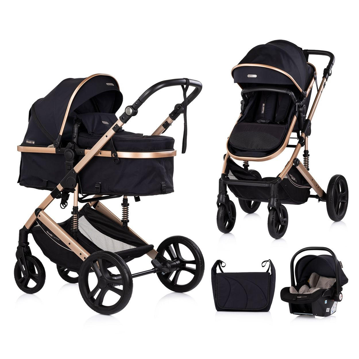 KOMBIKINDERWAGEN Amore 3 in 1 black Babyschale Adapter Wickeltasche Fußabdeckung - Schwarz, Metall (95/63/105cm) - Chipolino
