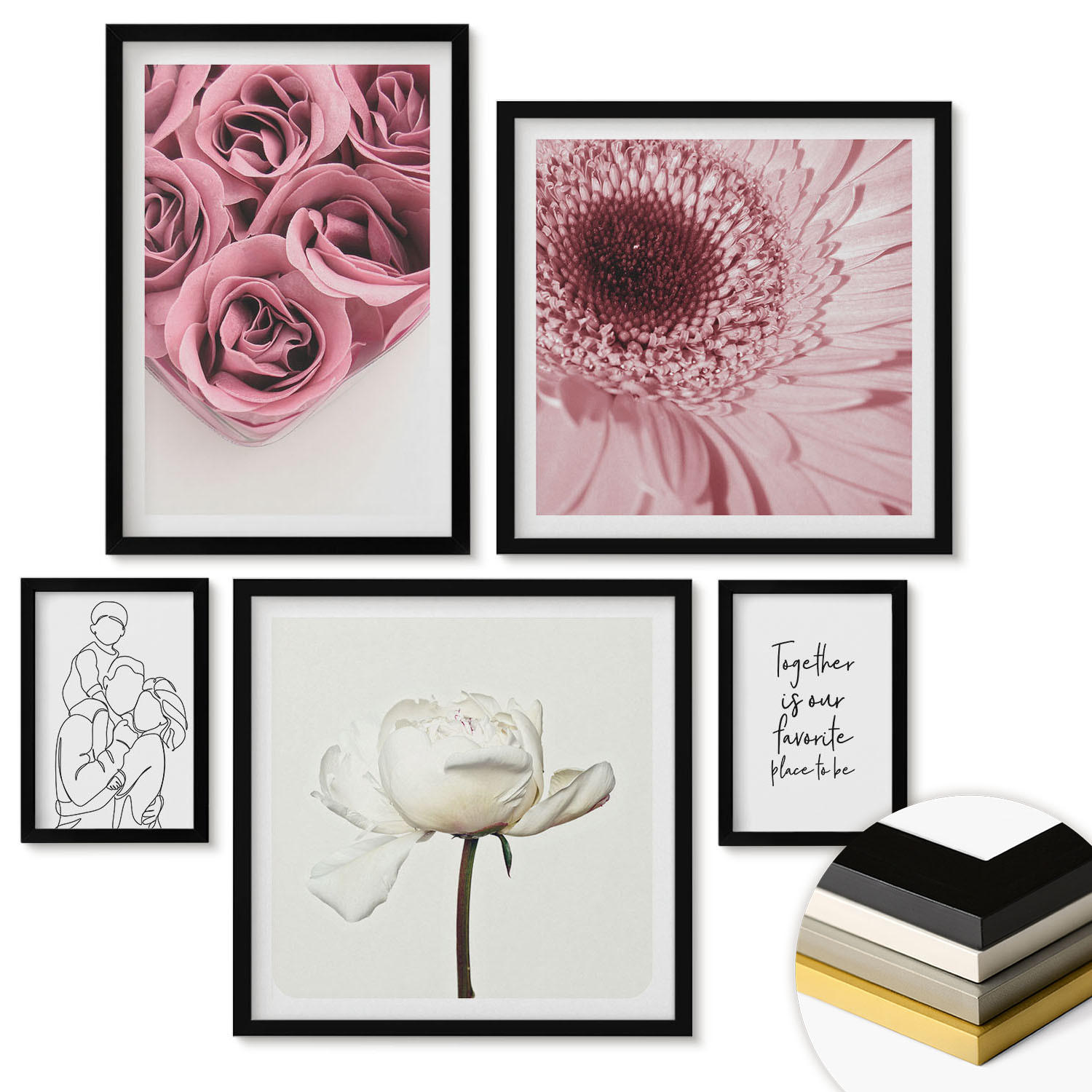 WANDBILDER 5er-Set - 50x50 cm & 20x30 cm & 40x60 cm Schwarzer Rahmen - Rosensträuße als Familienzeichnung - Schwarz, Kunststoff (40/60cm) - ArtPrintCave