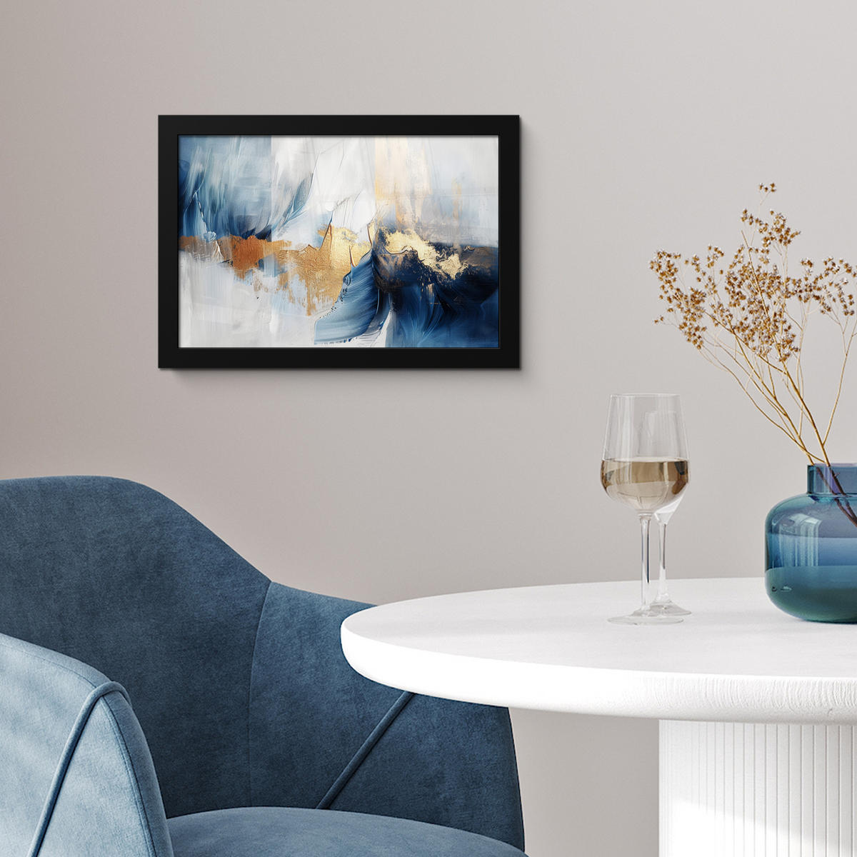 POSTER MIT RAHMEN Gold - Blau - Aquarell - Kunst - Modern 30x20 cm - Hellblau, Papier (30/20cm) - MuchoWow