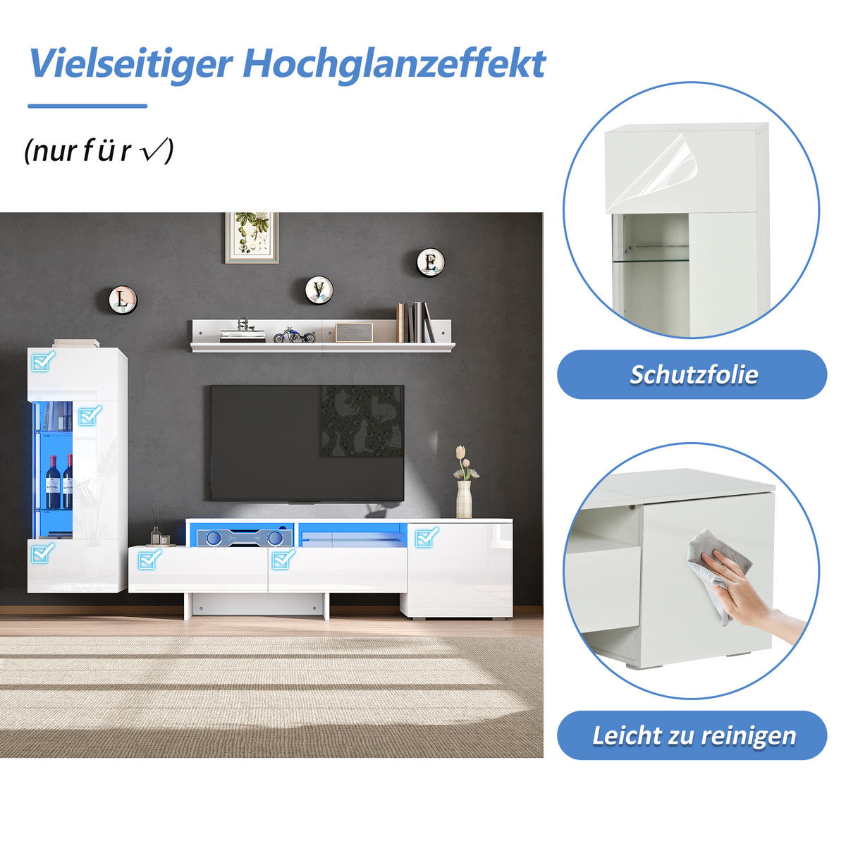 WOHNWAND 3-teilig LED Hochglanz Weiß TV Schrank - Weiß, Glas (170/45/35cm) - FLIEKS