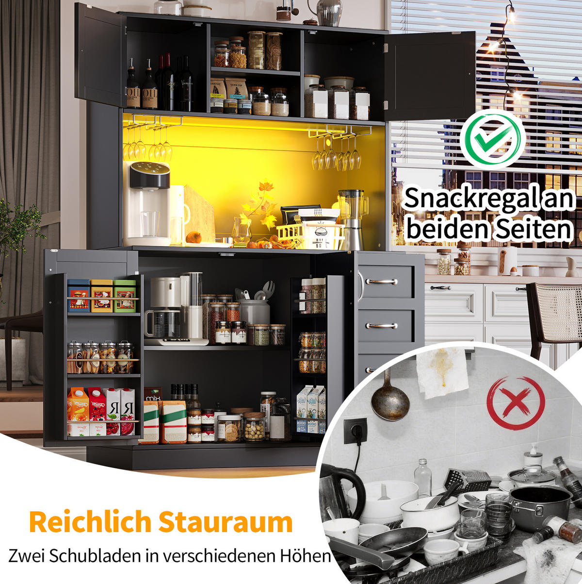 BUFFET 120/40/188 cm aus MDF mit LED-Beleuchtung Schwarz - Schwarz, Holzwerkstoff (120/188/40cm) - Modenvie
