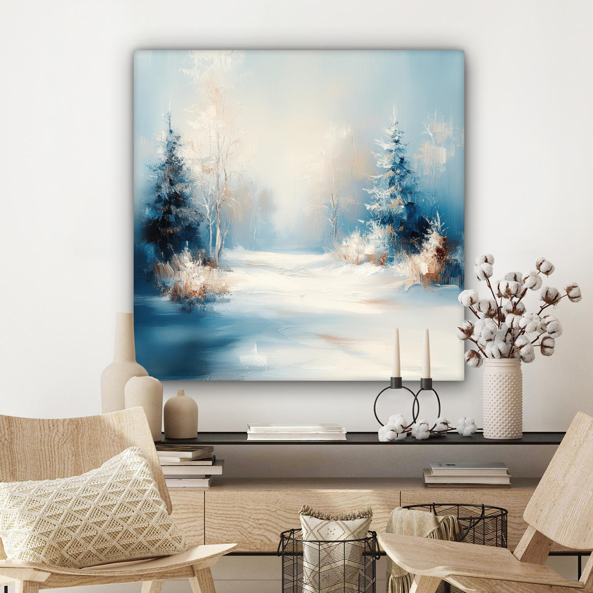 LEINWANDBILD Wald - Winter - Natur - Abstrakt - Schnee Deko Groß 90x90 cm - Weiß, Textil (90/90cm) - MuchoWow