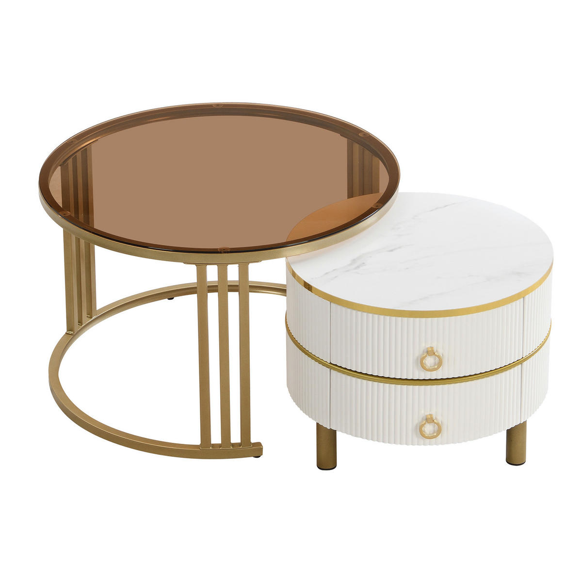 COUCHTISCH-SET 70/70/45 + 50/50/40 cm mit 2 Schubladen und Glasplatte - Weiß, Holzwerkstoff (70/70/45cm) - Flora Grace