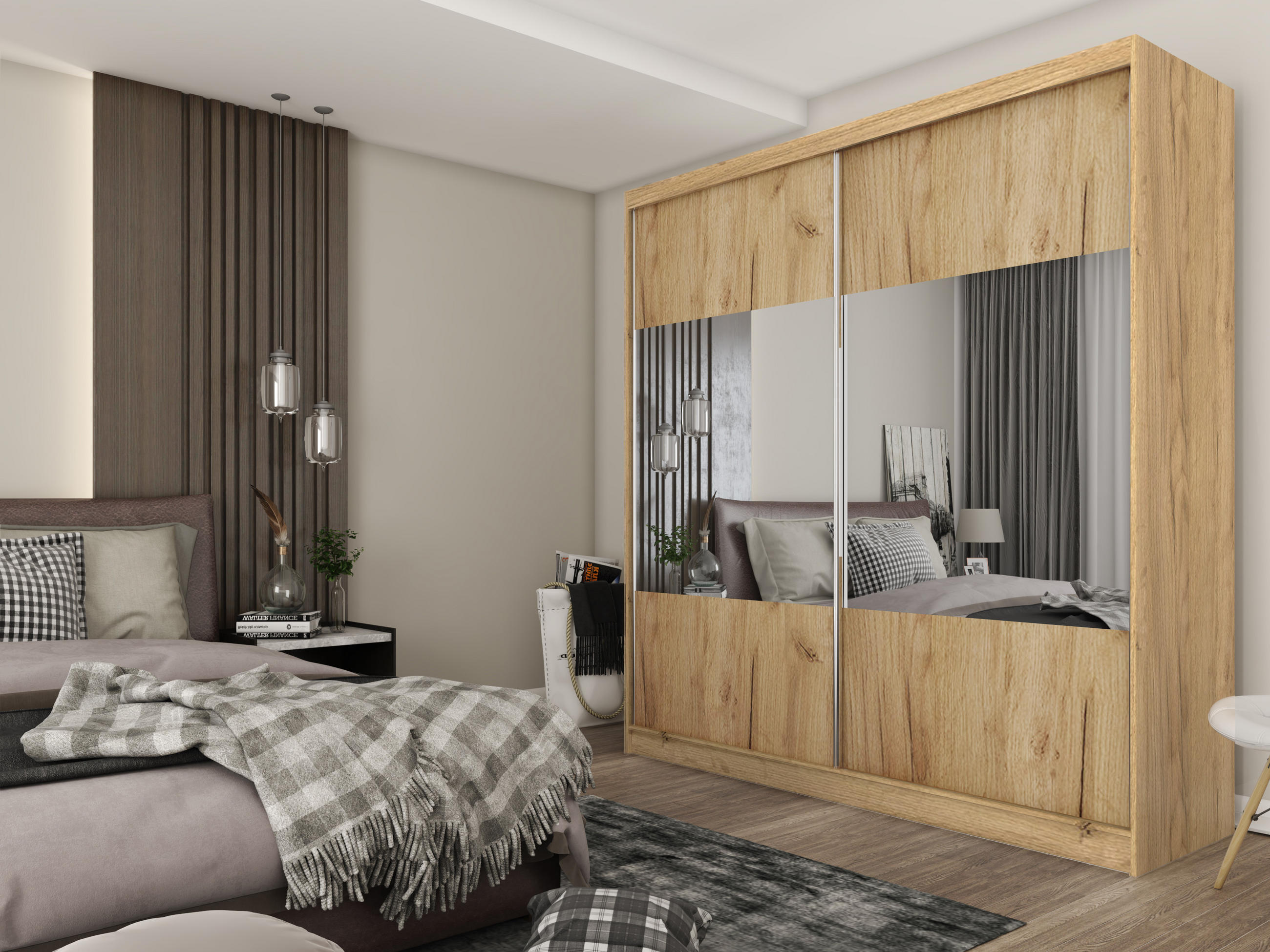 SCHWEBETÜRENSCHRANK AZZURRA 200/216/61 cm 2-türig mit Spiegel Eiche Artisan - Eiche Artisan, Holzwerkstoff (200/216/61cm) - MASSENO