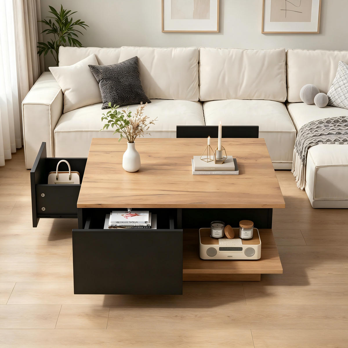 COUCHTISCH 70x70x31.5cm Schwarz Holzfarbe mit 3 Schubl. - Walnussfarben/Schwarz, Holzwerkstoff (70/70/31.5cm) - FLIEKS