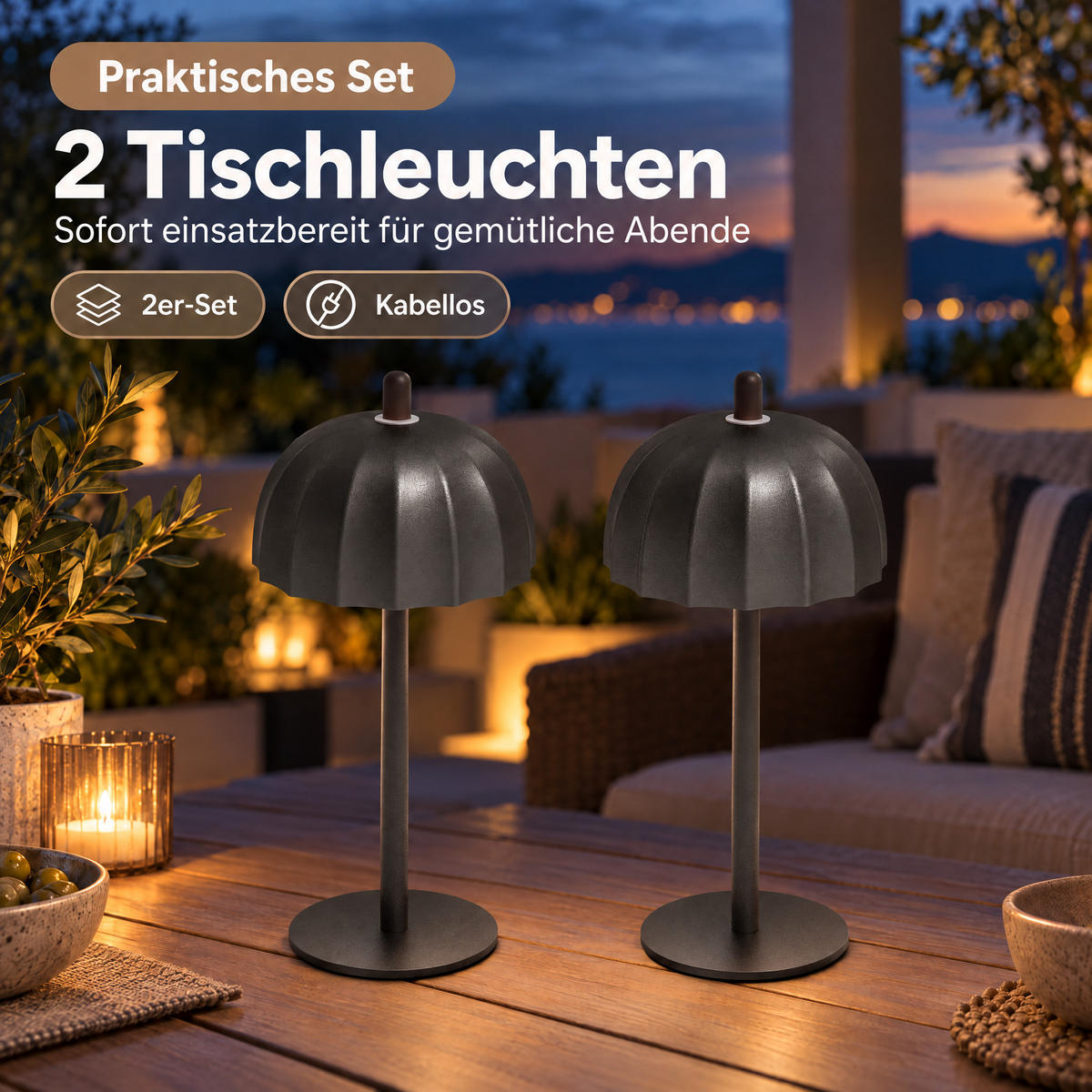 LED-TISCHLEUCHTE Umbrella schwarz 21cm Metall 2er-Set - Schwarz, Metall (10/10/21cm) - Northpoint