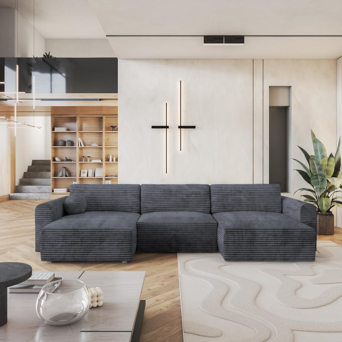 ROHOVÁ SEDAČKA FENTO grafitová - šedá/grafitová, dřevo/textil (347/148cm) - MASSENO