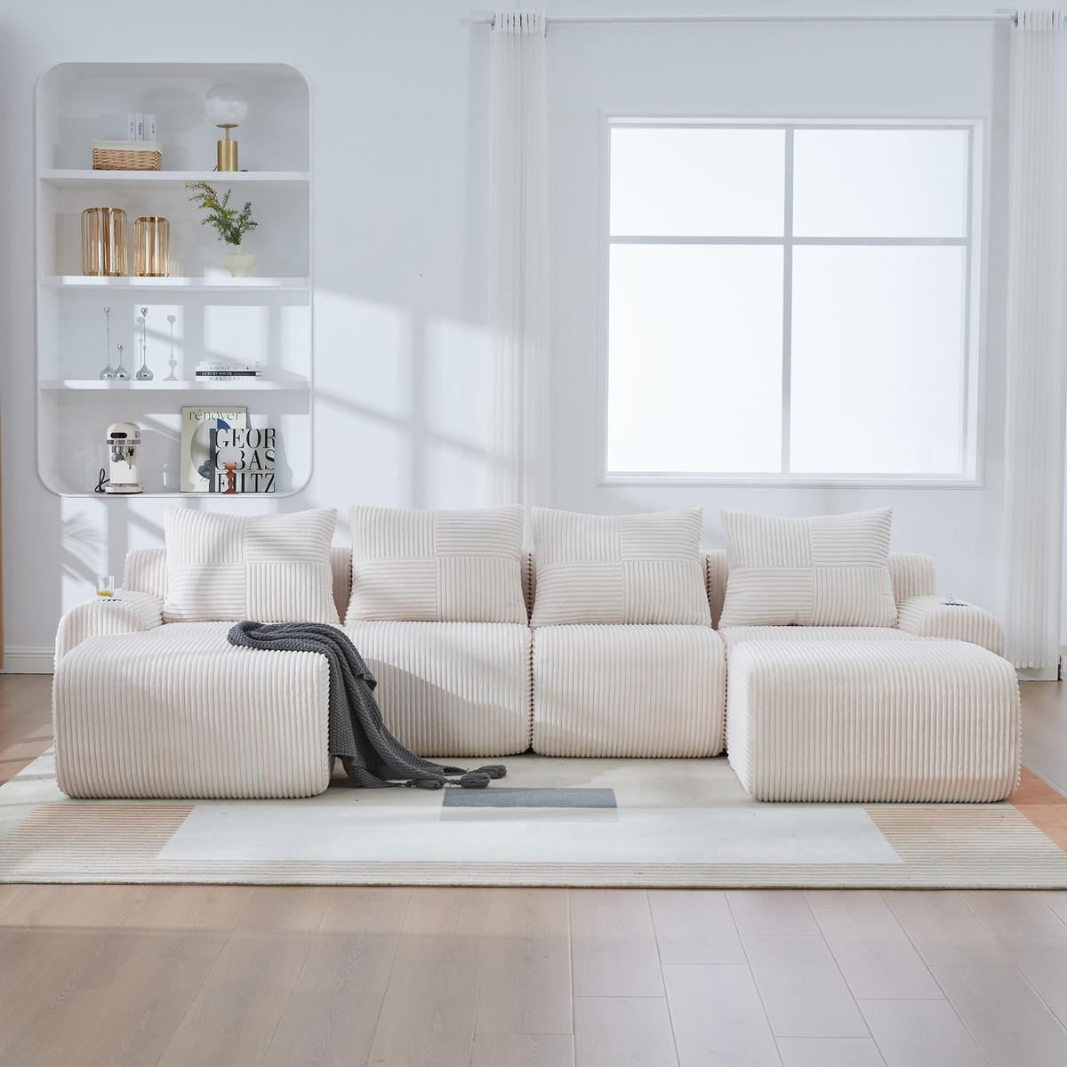 WOHNLANDSCHAFT 333/174/80 cm Beige mit 2 Fußhocker, 2 Becherhalter und Aufbewahrungstaschen - Beige, Textil (333/80/174cm) - Oxeza