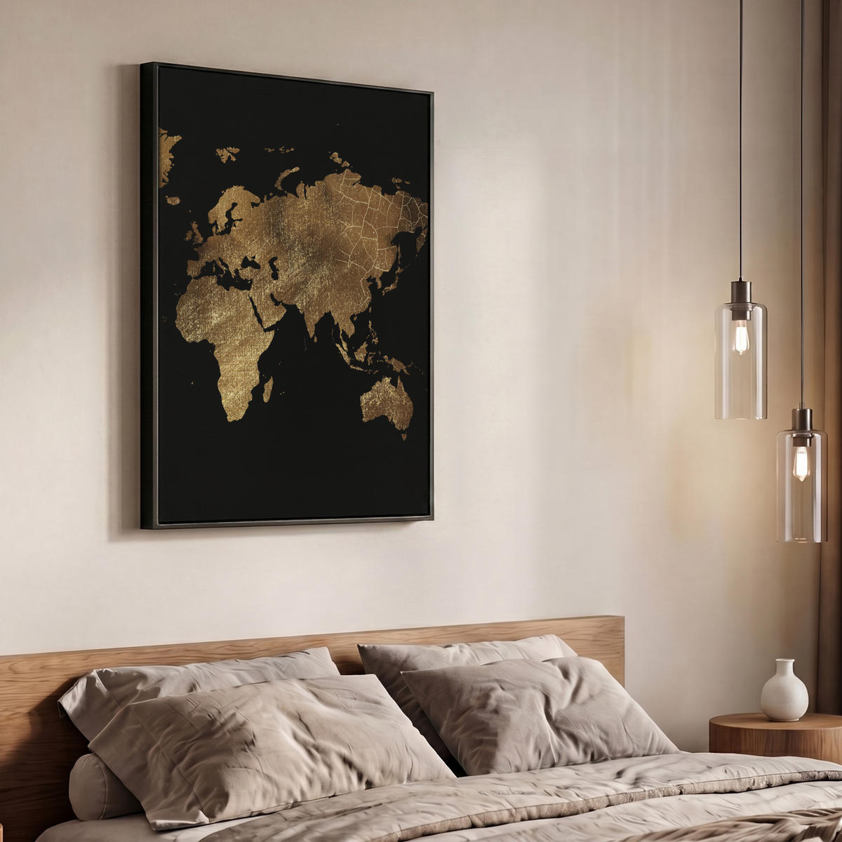 LEINWAND Bilder mit Rahmen - Weltkarte - Gold - Luxus - Erde - Schwarz - 70x100 - Goldfarben, Textil (70/100cm) - MuchoWow