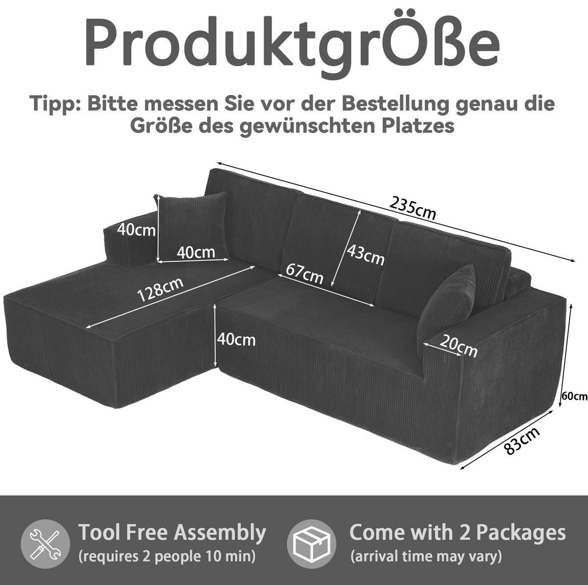 ECKSOFA 235/128/60 cm schwarz aus Cord mit Chaiselongue und 2 Kissen - Schwarz, Textil (128/235cm) - OKWISH
